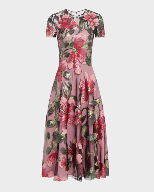 Floral Matte Sequined Tulle Cap-Sleeve Cocktail Dress